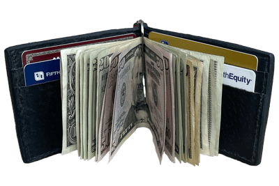 Black Ostrich Bifold Slim Profile Wallet With Money Clip - Bullhide Belts