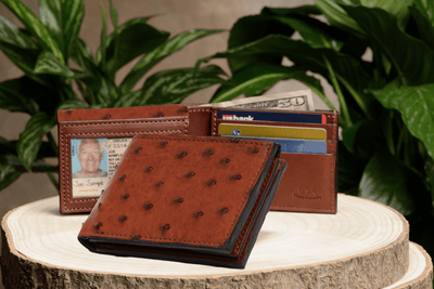 Cognac Ostrich Full Quill Luxury Designer Exotic Bifold Wallet With Flip Up ID Window **SHIPS APRIL 8th** - BullhideBelts.com