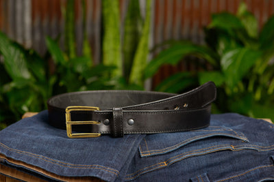 The Eastwood: Men's Black Stitched Leather Belt Max Thick With Brass 1.50" - Bullhide Belts