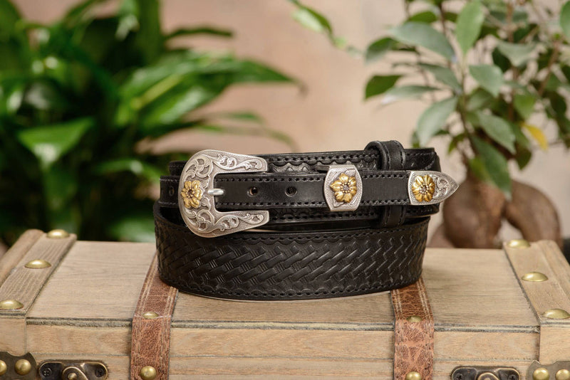 The Texan: Black Stitched Basket Weave Western Ranger 1.50" - Bullhide Belts
