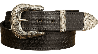 The Wayne: Men's Black Stitched Basket Weave Western Leather Belt 1.50" - Bullhide Belts