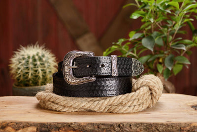 The Wayne: Men's Black Stitched Basket Weave Western Leather Belt 1.50" - Bullhide Belts