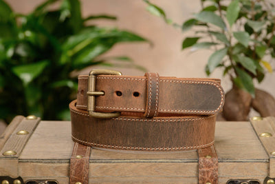 The Crazy Horse: Men's Rustic Brown Stitched Leather Belt Max Thick With Steel Core 1.50" - Bullhide Belts