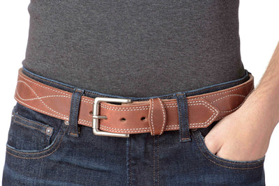 The Maverick: Men's Hot Dipped Tan Figure 8 Stitched Leather Belt With White Thread 1.50" - Bullhide Belts