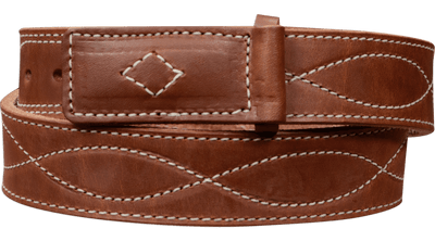 The Pit Boss: Hot Dipped Tan Figure 8 White Stitched Buckle-less Ball Hook 1.50" - Bullhide Belts