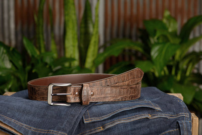 The Chomper: Men's Brown Stitched Alligator Design Leather Belt 1.50" - Bullhide Belts
