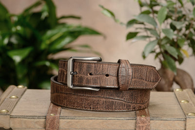 The Chomper: Men's Brown Stitched Alligator Design Leather Belt 1.50" - Bullhide Belts