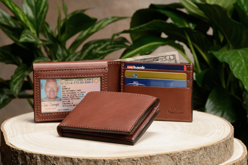 Medium Brown Premium Leather Bifold Wallet With Flip Up ID Window - Bullhide Belts