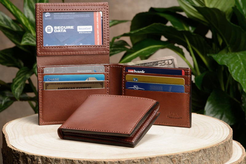 Medium Brown Premium Leather Bifold Wallet With Flip Up ID Window - Bullhide Belts