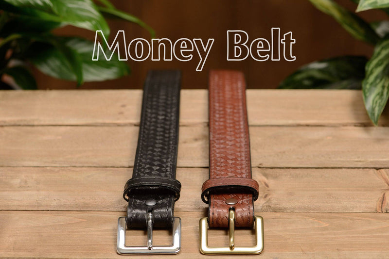 Brown Basket Weave English Bridle Leather Money Belt With 25" Zipper - Bullhide Belts