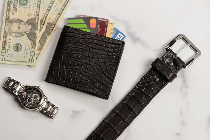 Black single stitched alligator leather belt and wallet with money and watch snap by Bullhide Belts