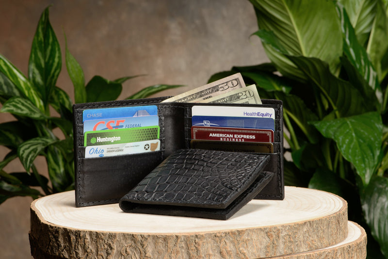 Black exotic alligator bifold leather wallets with card slots by Bullhide Belts