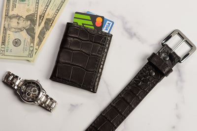Black alligator exotic trifold leather wallet and belt with money and watch snap by Bullhide Belts