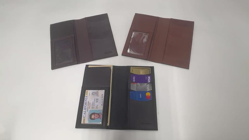Medium Brown Premium Leather Long Bifold Wallet With ID Window (AKA Checkbook Wallet)