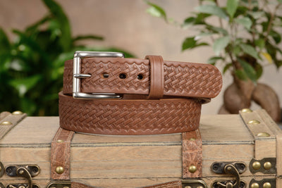 The Eastwood: Men's Caramel Tan Basket Weave Leather Belt Max Thick 1.50" - Bullhide Belts