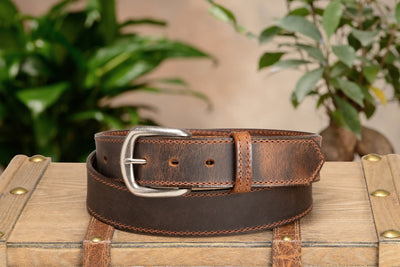 The Crazy Horse: Men's Oil Tanned Stitched Leather Belt 1.375" (Brown Colored Thread) - BullhideBelts.com