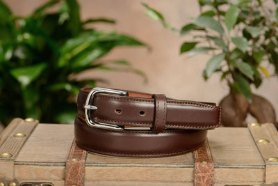 The Stallion: Men's Brown Stitched Italian Leather Belt With Chrome Buckle 1.25" - Bullhide Belts