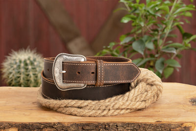 The Crazy Horse: Men's Oil Tanned Stitched Western Leather Belt 1.50" With Scalloped Ends - BullhideBelts.com