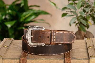 The Crazy Horse: Men's Oil Tanned Stitched Western Leather Belt 1.50" With Scalloped Ends - BullhideBelts.com