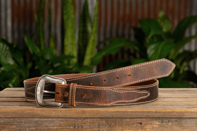 The Crazy Horse: Men's Oil Tanned Stitched Western Leather Belt 1.50" With Scalloped Ends - BullhideBelts.com