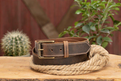 The Crazy Horse: Men's Oil Tanned Stitched Leather Belt 1.50" With Scalloped Ends - BullhideBelts.com