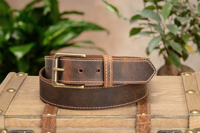 The Crazy Horse: Men's Oil Tanned Stitched Leather Belt 1.50" With Scalloped Ends - BullhideBelts.com