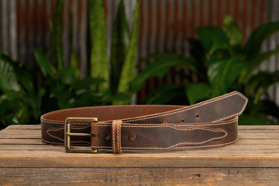 The Crazy Horse: Men's Oil Tanned Stitched Leather Belt 1.50" With Scalloped Ends - BullhideBelts.com