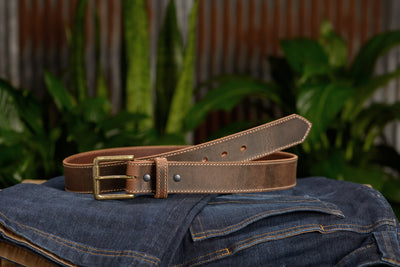 The Crazy Horse: Men's Rustic Brown Stitched Leather Belt 1.50" - Bullhide Belts