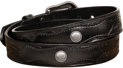 The Western Oak: Men's Black Oak Leaf Embossed Western Leather Belt 1.50" With Conchos - BullhideBelts.com
