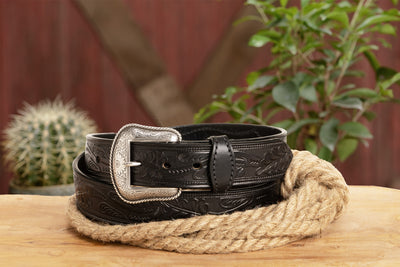 The Western Oak: Men's Black Oak Leaf Embossed Western Leather Belt 1.50" With Conchos - BullhideBelts.com