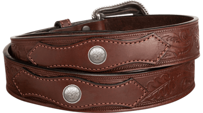 The Western Oak: Men's Brown Oak Leaf Embossed Western Leather Belt 1.50" With Conchos - BullhideBelts.com