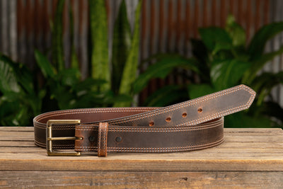 The Crazy Horse: Men's Oil Tanned Double Stitched Leather Belt 1.50" (White Colored Thread) - BullhideBelts.com