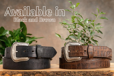 The Chomper: Men's Black Stitched Alligator Design Western Leather Belt 1.50" - BullhideBelts.com