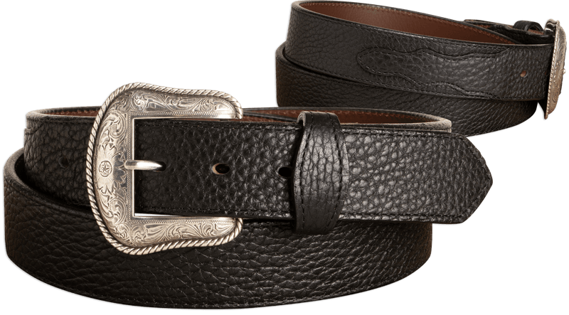 The Forester: Black Stitched Western American Bison Belt - Scalloped Ends 1.50" - BullhideBelts.com