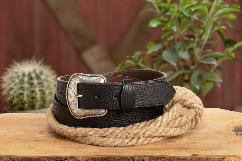 The Forester: Black Stitched Western American Bison Belt - Scalloped Ends 1.50" - BullhideBelts.com