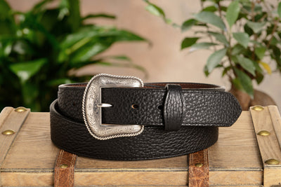 The Forester: Black Stitched Western American Bison Belt - Scalloped Ends 1.50" - BullhideBelts.com