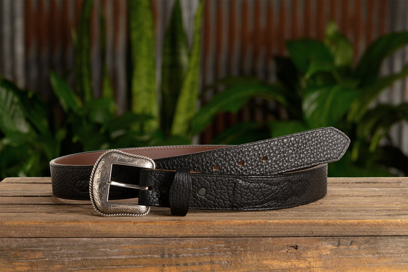The Forester: Black Stitched Western American Bison Belt - Scalloped Ends 1.50" - BullhideBelts.com