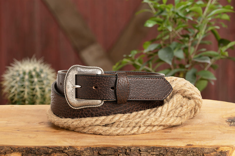 The Forester: Brown Stitched Western American Bison Belt - Scalloped Ends 1.50" - BullhideBelts.com