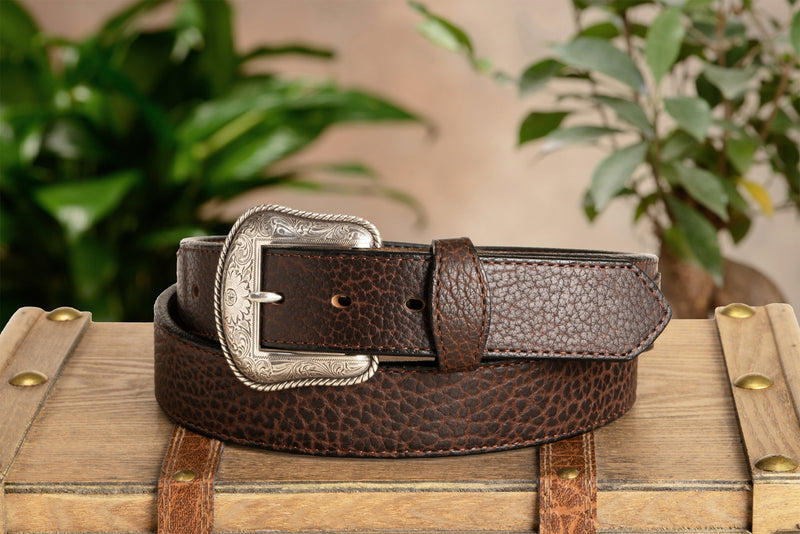 The Forester: Brown Stitched Western American Bison Belt - Scalloped Ends 1.50" - BullhideBelts.com