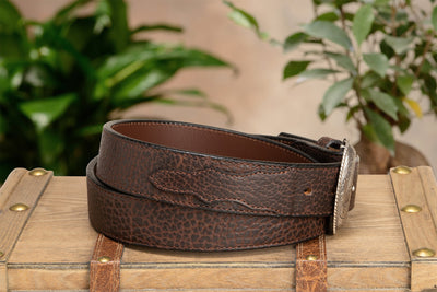 The Forester: Brown Stitched Western American Bison Belt - Scalloped Ends 1.50" - BullhideBelts.com