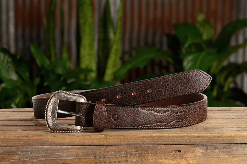 The Forester: Brown Stitched Western American Bison Belt - Scalloped Ends 1.50" - BullhideBelts.com
