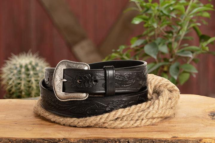 The Western Oak: Men's Black Oak Leaf Embossed Western Leather