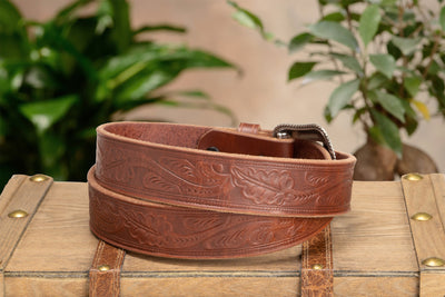 The Western Oak: Men's Hot Dipped Tan Oak Leaf Embossed Western Leather Belt 1.50" - BullhideBelts.com