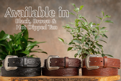 The Western Oak: Men's Hot Dipped Tan Oak Leaf Embossed Western Leather Belt 1.50" - BullhideBelts.com
