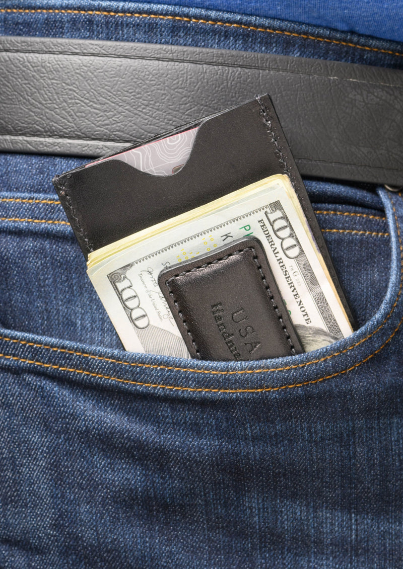Black Premium Leather Slim ID Wallet With Magnetic Money Clip - BullhideBelts.com