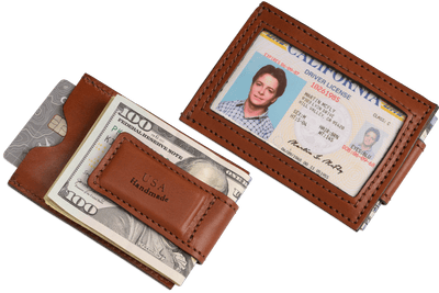 Medium Brown Premium Leather Slim ID Wallet With Magnetic Money Clip - BullhideBelts.com