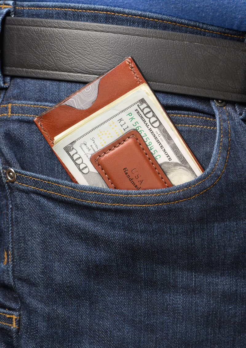 Medium Brown Premium Leather Slim ID Wallet With Magnetic Money Clip - BullhideBelts.com