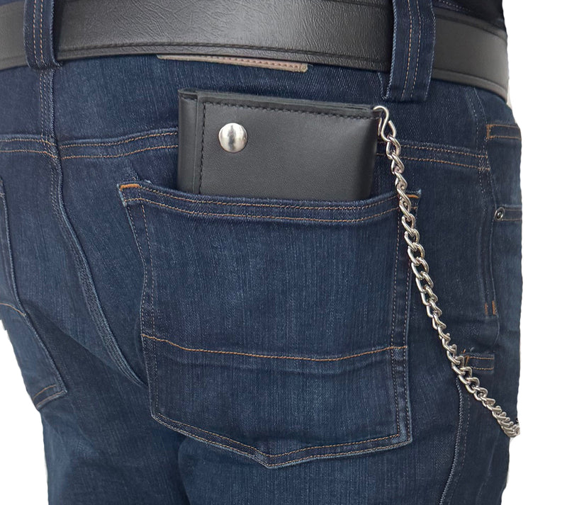 Black Premium Leather Biker Chain Wallet With ID Window (Large 7.38" x 4.25") - BullhideBelts.com