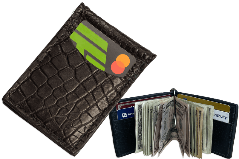 Black Alligator Bifold Slim Profile Wallet with Money Clip