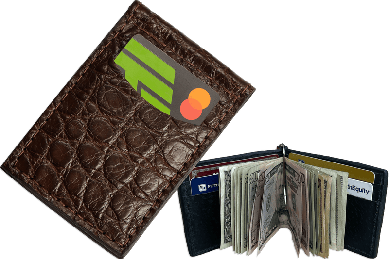 Brown Alligator Bifold Slim Profile Wallet With Money Clip - Bullhide Belts